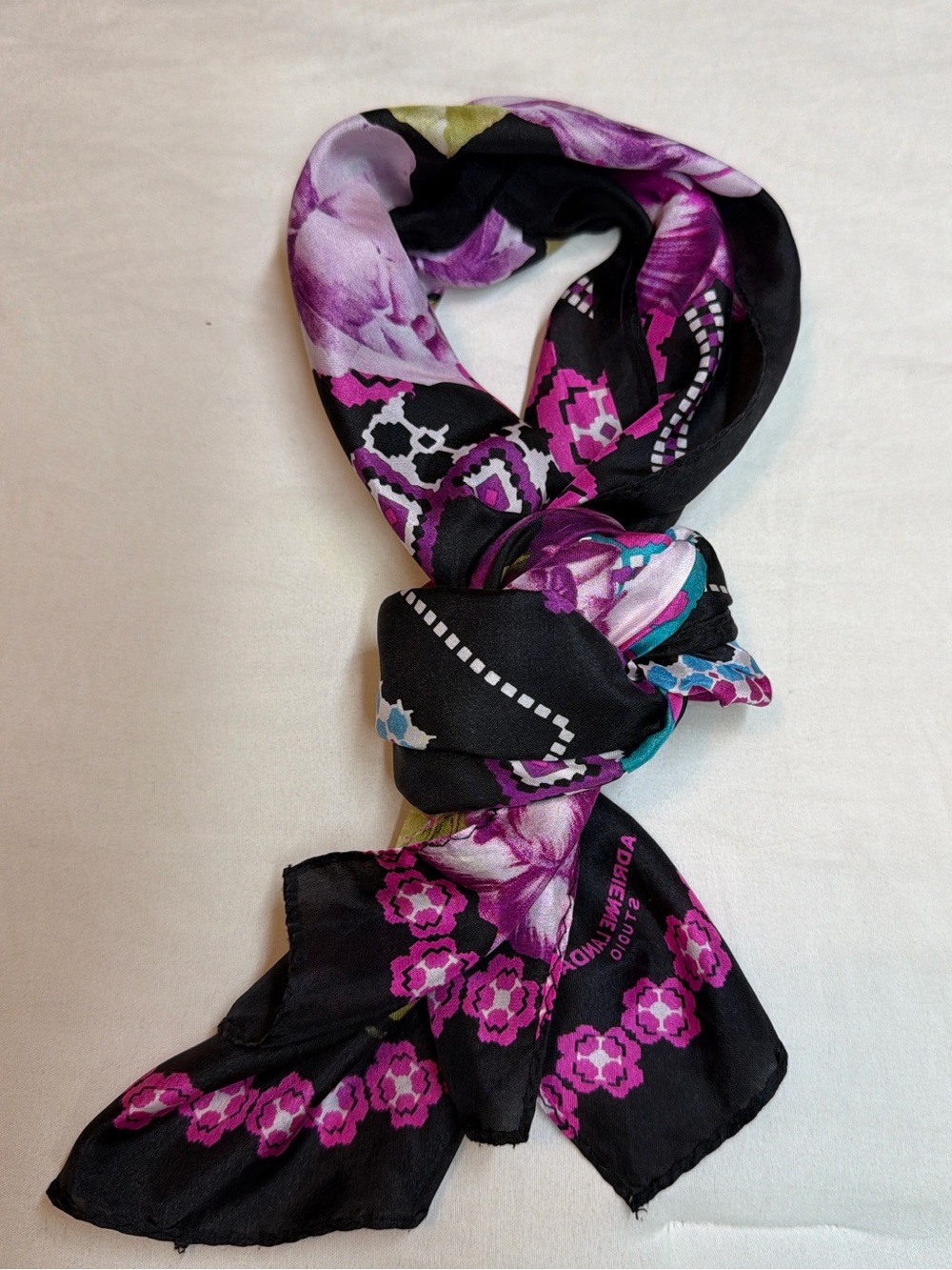 Adrienne Landau Black Scarf with Purple and Fuchsia Floral Motif